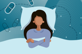 Illustration of a woman sitting in bed surrounded by pills, representing insomnia and sleep medication